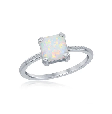 Sterling Silver Square White Synthetic Opal Beaded Band Ring