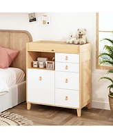 Four-drawer nightstand with one door, wood and white wooden side table, end table with leather handles, appropriate for bedrooms, living rooms, and of