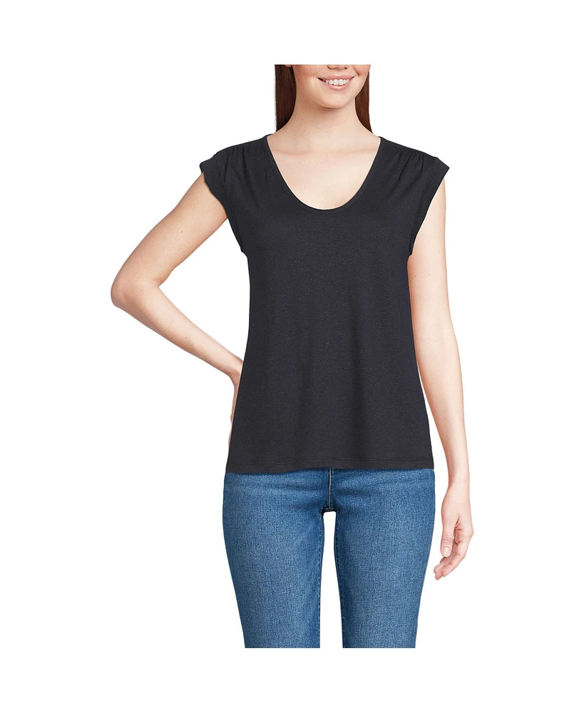 Lands' End Women's Linen Blend Cap Sleeve Gathered Shoulder Tee