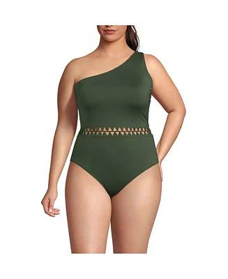 Lands' End Plus Macrame One Shoulder High Leg Piece Swimsuit