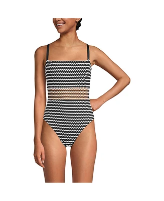 Lands' End Women's Long Crochet Square Neck High Leg One Piece Swimsuit