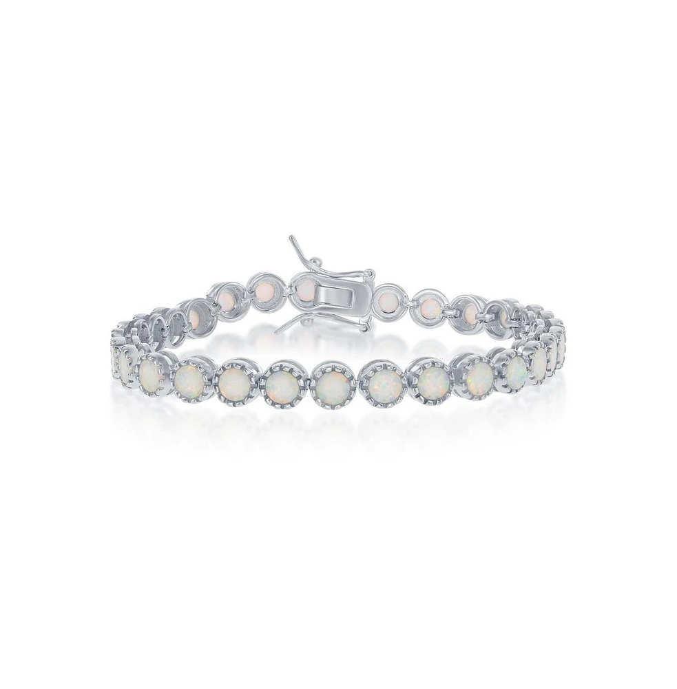 Sterling Silver Round Synthetic Opal With Beaded Border Tennis Bracelet