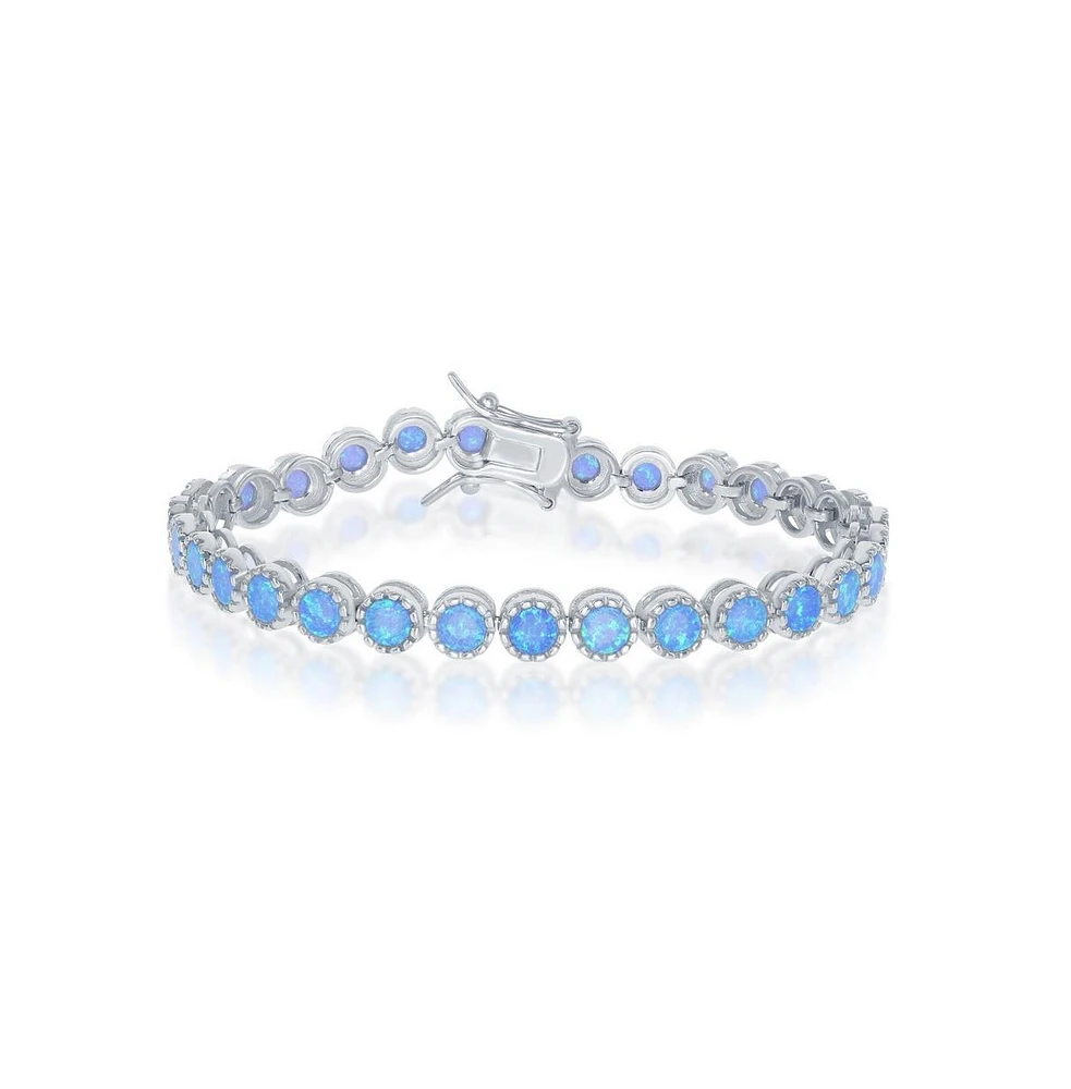 Sterling Silver Round Synthetic Opal With Beaded Border Tennis Bracelet