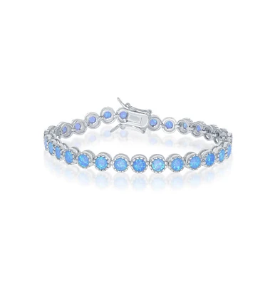 Sterling Silver Round Synthetic Opal With Beaded Border Tennis Bracelet
