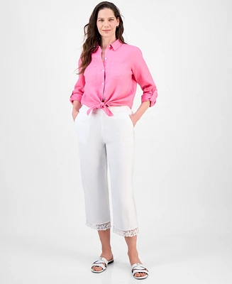 Charter Club Women's Crochet-Trim 100% Linen Cropped Pants, Exclusively at Macy's