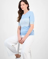 Nautica Jeans Women's Striped Button-Trim Short-Sleeve Sweater