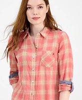 Tommy Hilfiger Women's Crinkled Plaid Roll-Tab Shirt