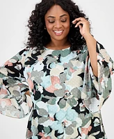 Kasper Plus Clip-Dot Ruffle-Sleeve Top