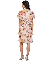Sl Fashions Women's Printed V-Neck Asymmetric-Ruffle-Trim Dress