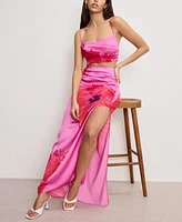Good American Women's Satin Placed-Floral Maxi Skirt