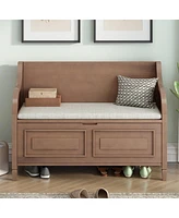 Solid Wood Entryway Storage Bench with Safety Hinge and Removable Cushion Seat Traditional Design for Bedroom Living Room-The Pop Home