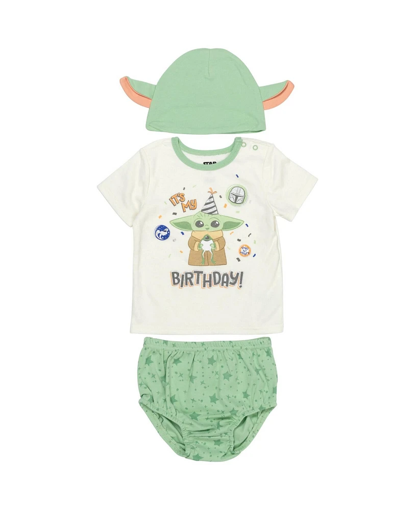 The Mandalorian Baby Boys Yoda Pullover T-Shirt Diaper Cover and Hat 3 Piece Outfit Set