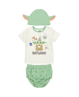 The Mandalorian Baby Boys Yoda Pullover T-Shirt Diaper Cover and Hat 3 Piece Outfit Set