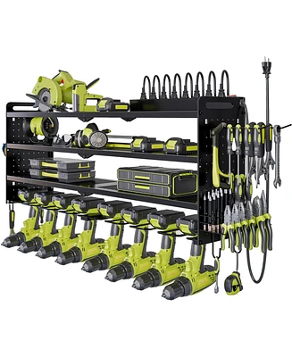 Hausource 4-Tier Power Tool Organizer Wall Mount Tool Storage Workbench W/8 Drill Holder Utility Shelving,Black