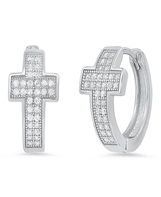 Steeltime Women's Sterling Silver and Simulated Diamonds Cross Huggie Earrings