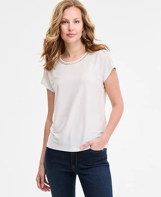 Jones New York Women's Extended-Shoulder Lattice-Neck Top