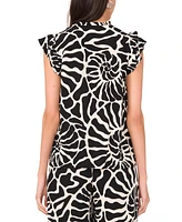 Vince Camuto Women's Spiral-Print Ruffle-Trim Split-Neck Top