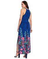 London Times Women's Shirred Halter Keyhole Maxi Dress