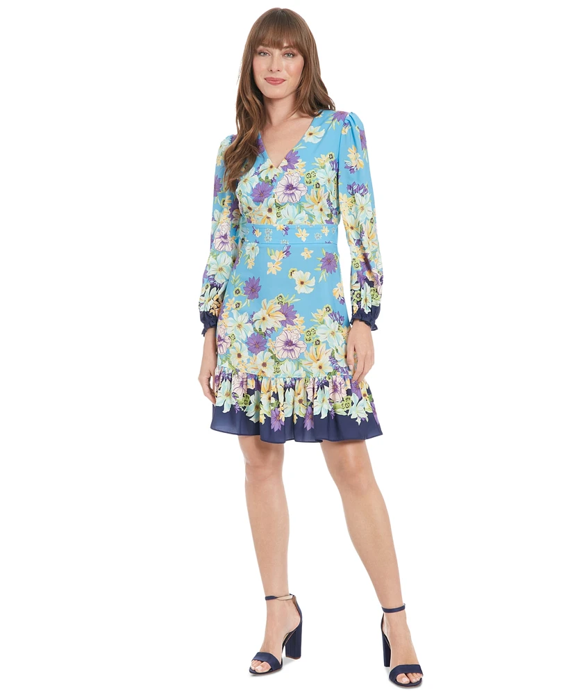 London Times Women's Printed V-Neck Long-Sleeve Dress