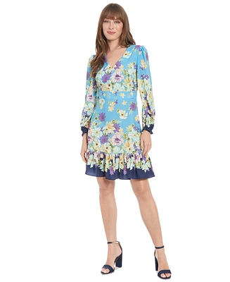 London Times Women's Printed V-Neck Long-Sleeve Dress