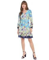 London Times Women's Printed V-Neck Long-Sleeve Dress