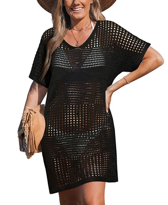 Cupshe Women's Crochet Short Sleeve Cover-Up Mini Beach Dress
