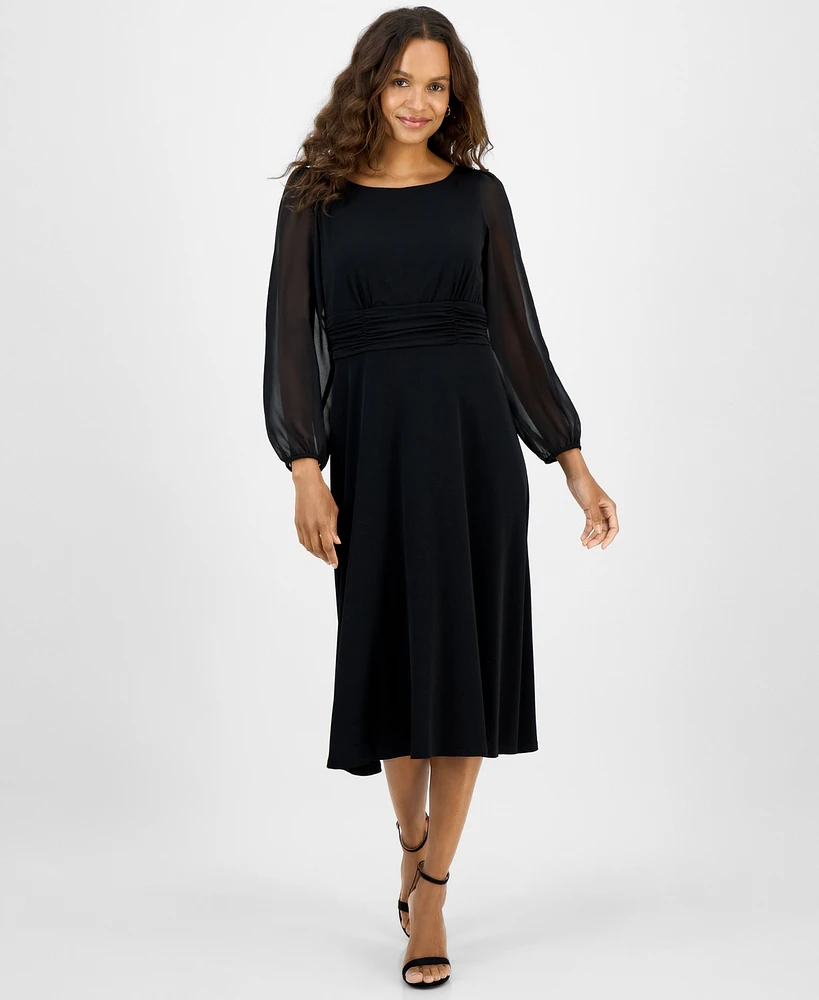 Connected Petite Shirred-Waist Sheer-Sleeve Midi Dress
