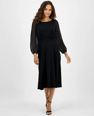 Connected Petite Shirred-Waist Sheer-Sleeve Midi Dress