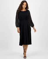 Connected Petite Shirred-Waist Sheer-Sleeve Midi Dress