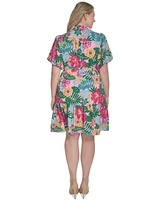 Jessica Howard Plus Printed Tie-Waist Puff-Sleeve Dress