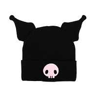 Kuromi Cuffed knitted Embroidered Logo With 3D Plush Horns Beanie Hat