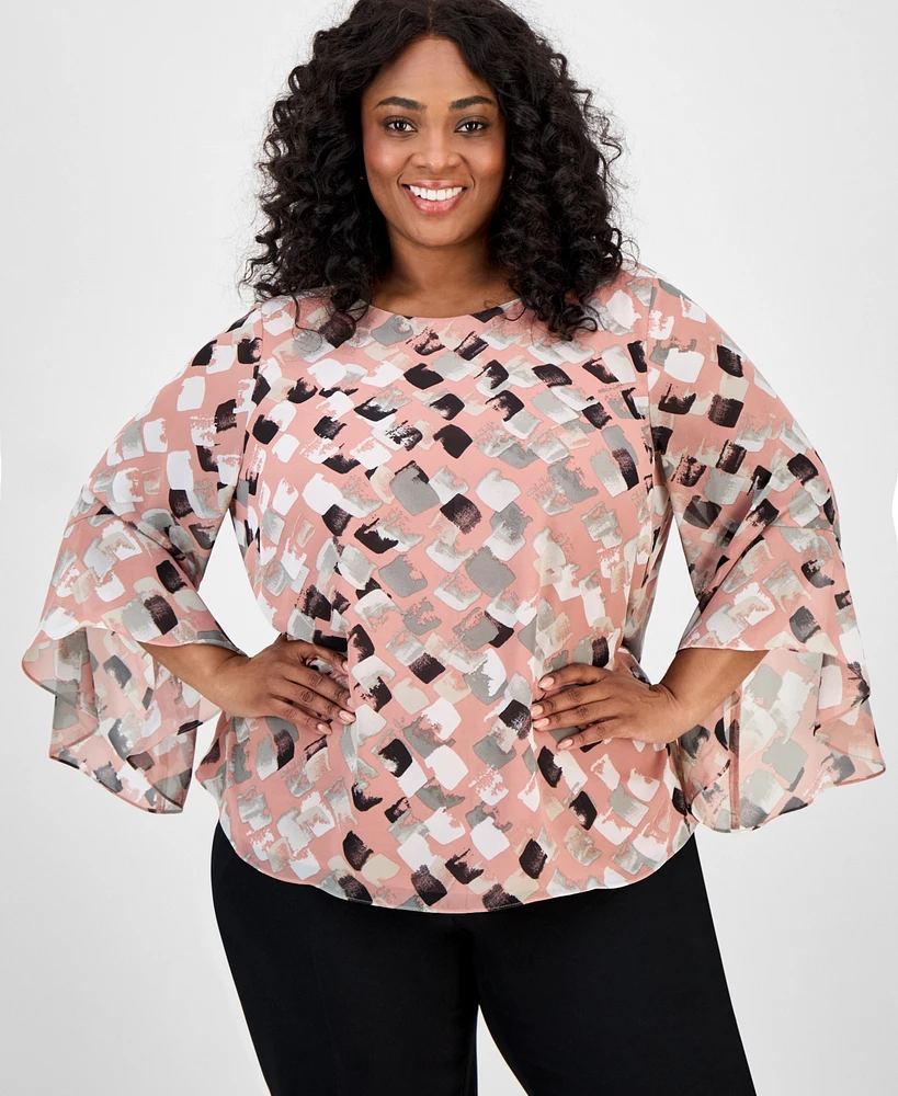 Kasper Plus Printed Bell-Sleeve Blouse