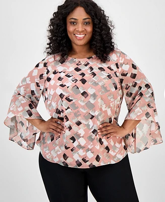 Kasper Plus Printed Bell-Sleeve Blouse