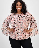 Kasper Plus Printed Bell-Sleeve Blouse