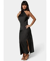 Bebe Women's Sash Neck One Shoulder Satin Midi Dress