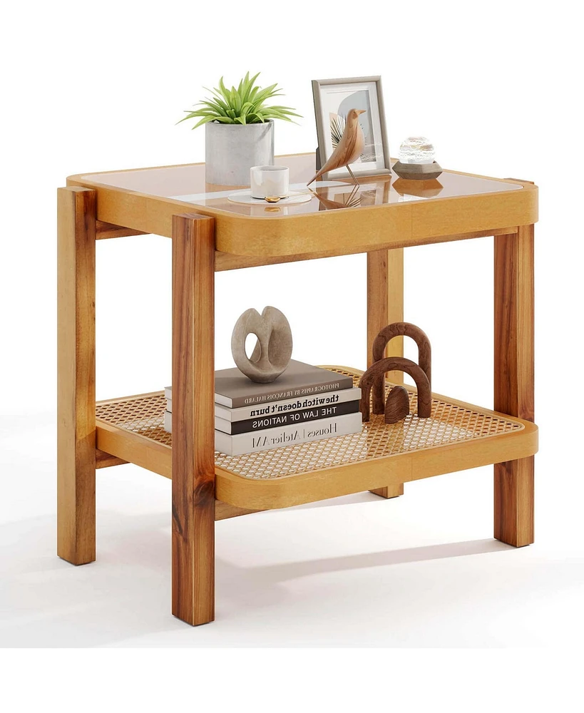 Pcs End Table with Tempered Glass Top Acacia Wood Legs Rattan Storage Shelf