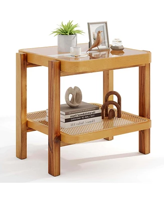 Pcs End Table with Tempered Glass Top Acacia Wood Legs Rattan Storage Shelf