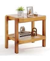 Pcs End Table with Tempered Glass Top Acacia Wood Legs Rattan Storage Shelf
