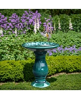 LuxenHome Dark Green Flower 21.65-Inch Tall Ceramic Birdbath