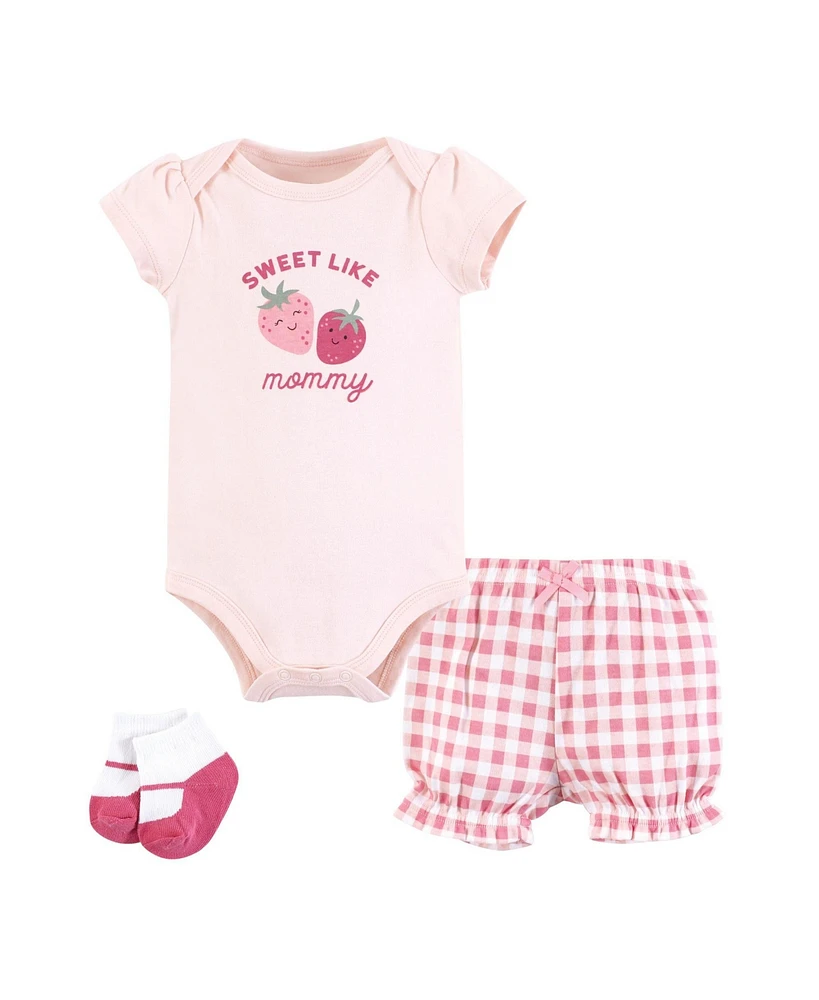 Hudson Baby Girls Bodysuit, Short and Sock, Strawberry Love