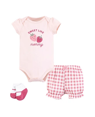 Hudson Baby Girls Bodysuit, Short and Sock, Strawberry Love