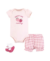 Hudson Baby Girls Bodysuit, Short and Sock, Strawberry Love