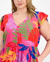 Sandra Darren Plus Printed Flutter-Sleeve Midi Dress