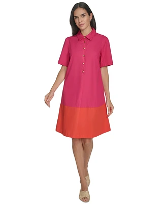 Jessica Howard Petite Cotton Colorblocked Shift Shirtdress