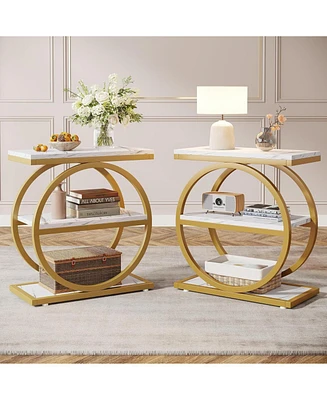 Tribesigns End Table Set of 2, Narrow End Table with 3 Storage Shelves, Wooden Side Table with Metal Frame, Small Sofa Side Table for Living Room,Nigh