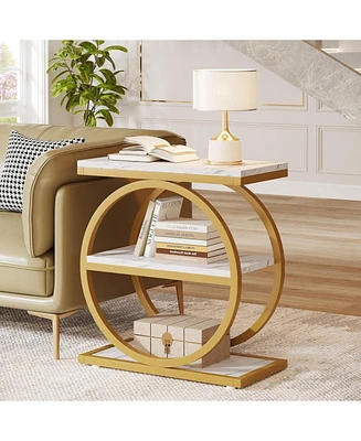 Tribesigns End Table, Narrow End Table with 3 Storage Shelves, Wood Side Table with Black Metal Frames, Industrial Small Sofa Side Table for Living Ro