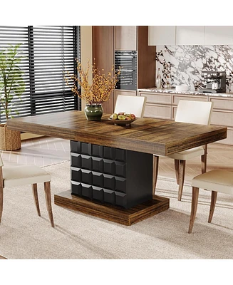 Tribesigns 63'' Dining Table for 4-6, Farmhouse Wooden Rectangular Dinner with Geometric Relief, Pedestal Base