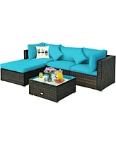 Gymax 5PCS Rattan Patio Conversation Set Outdoor Furniture Set w/ Ottoman Turquoise Cushion