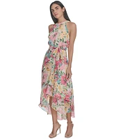 Jessica Howard Women's Floral Chiffon Tie-Waist High-Low Midi Dress