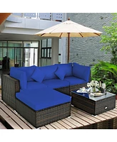 Gymax 5PC Rattan Patio Conversation Set Outdoor Furniture Set w/ Ottoman Cushion